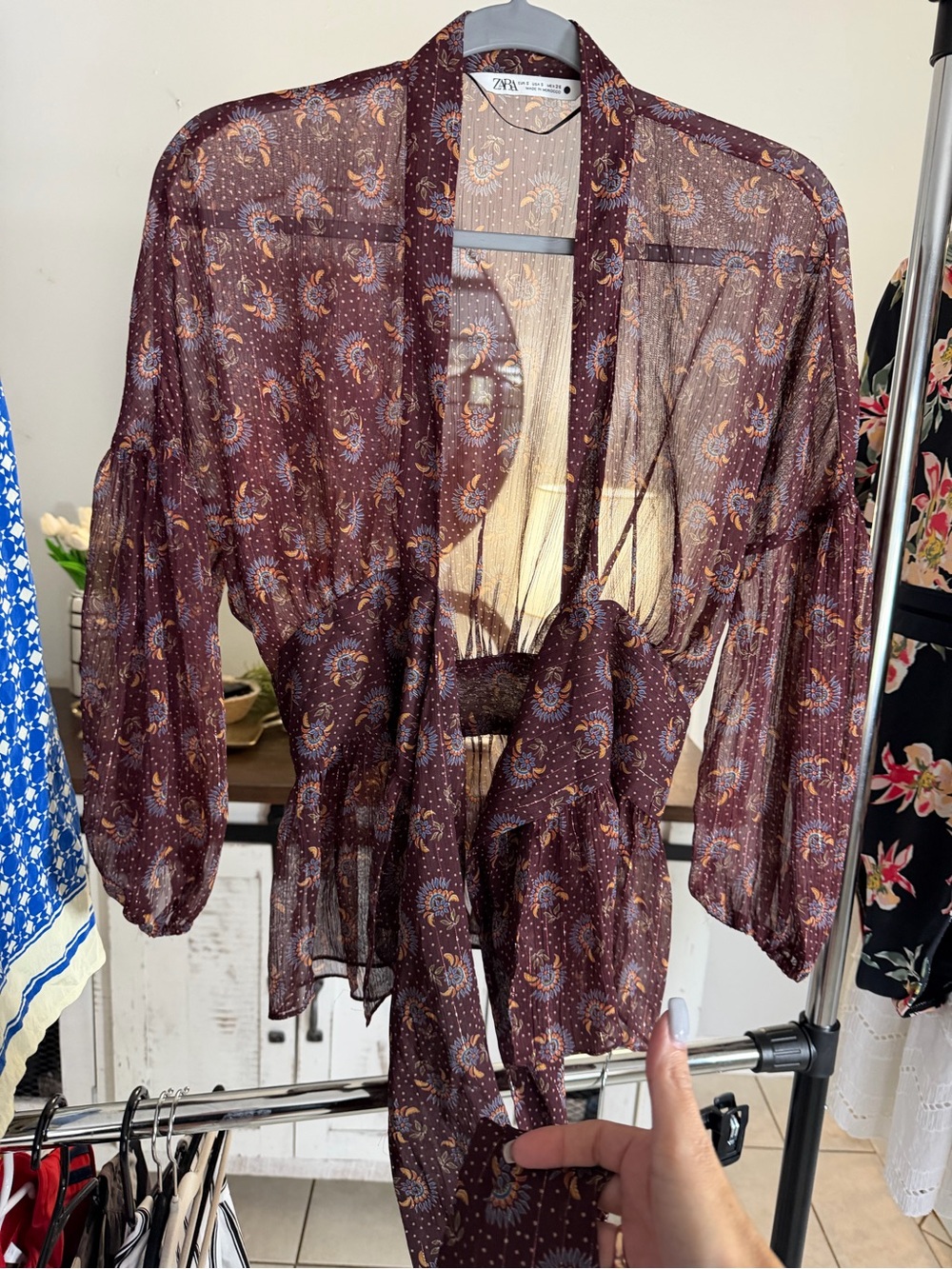 Zara Burgundy Sheer Paisley Tie-Waist Kimono S